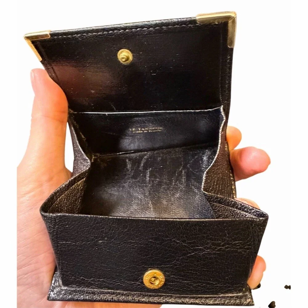Le Tanneur Paris Vintage Coin Purse Compact Wallet Black Gold Corner Caps